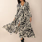 Tied Printed V-Neck Long Sleeve Midi Dress