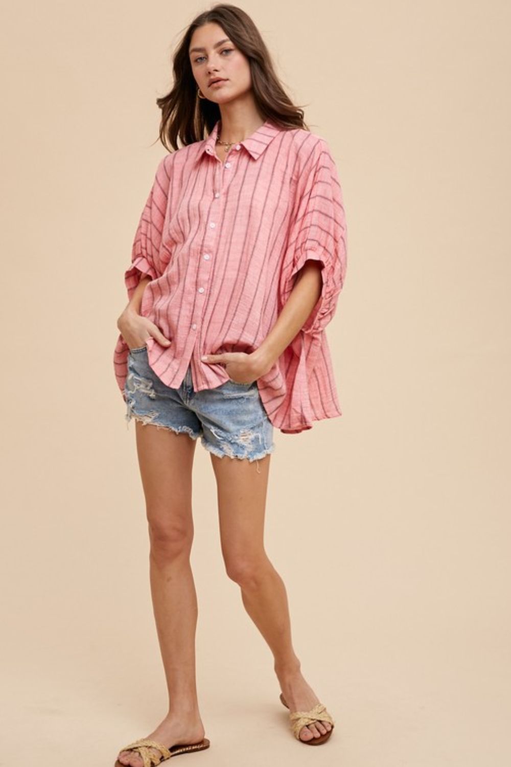 Annie Wear Striped Button Up Half Sleeve Shirt *