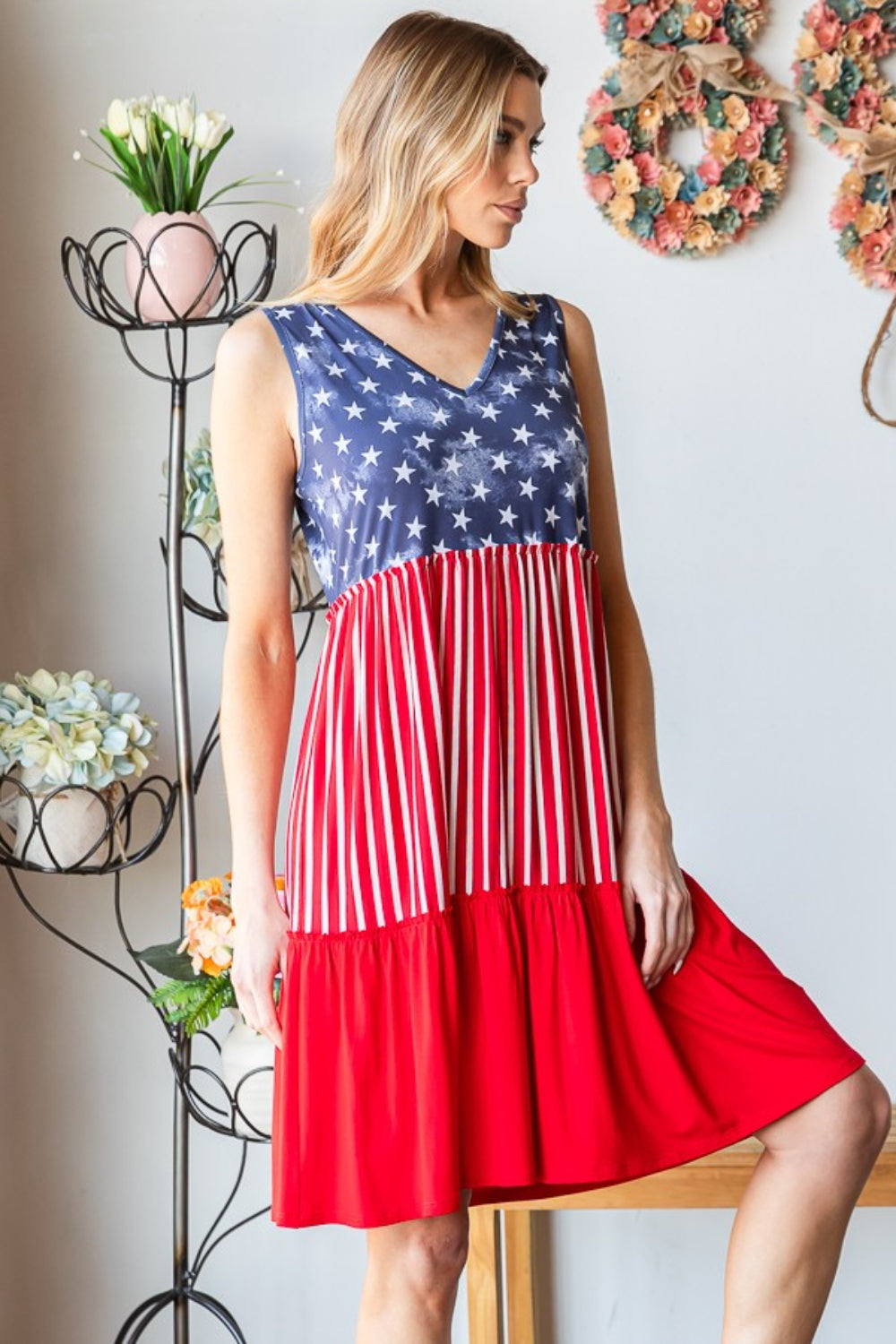 Heimish Full Size US Flag Theme Contrast Tank Dress *