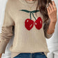 Perfee Cherry Round Neck Long Sleeve Sweater