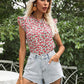 Ruffled Floral Mock Neck Cap Sleeve Blouse
