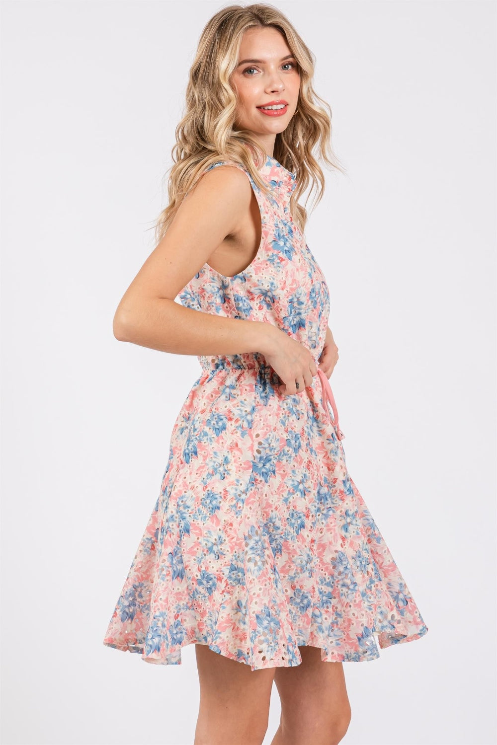 GeeGee Full Size Floral Eyelet Sleeveless Mini Dress *