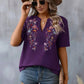 Embroidered Notched Short Sleeve T-Shirt
