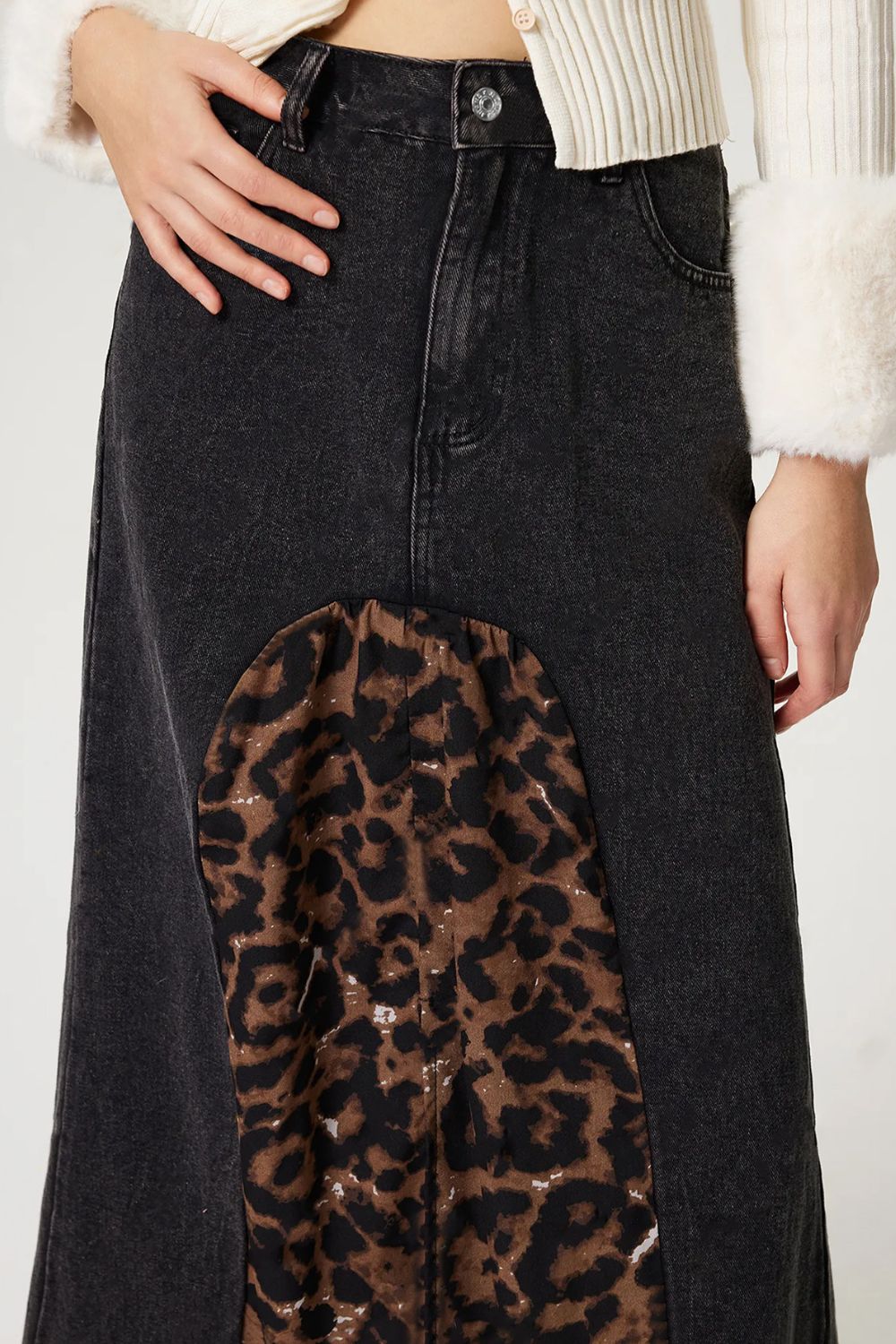 Slit Leopard Midi Denim Skirt