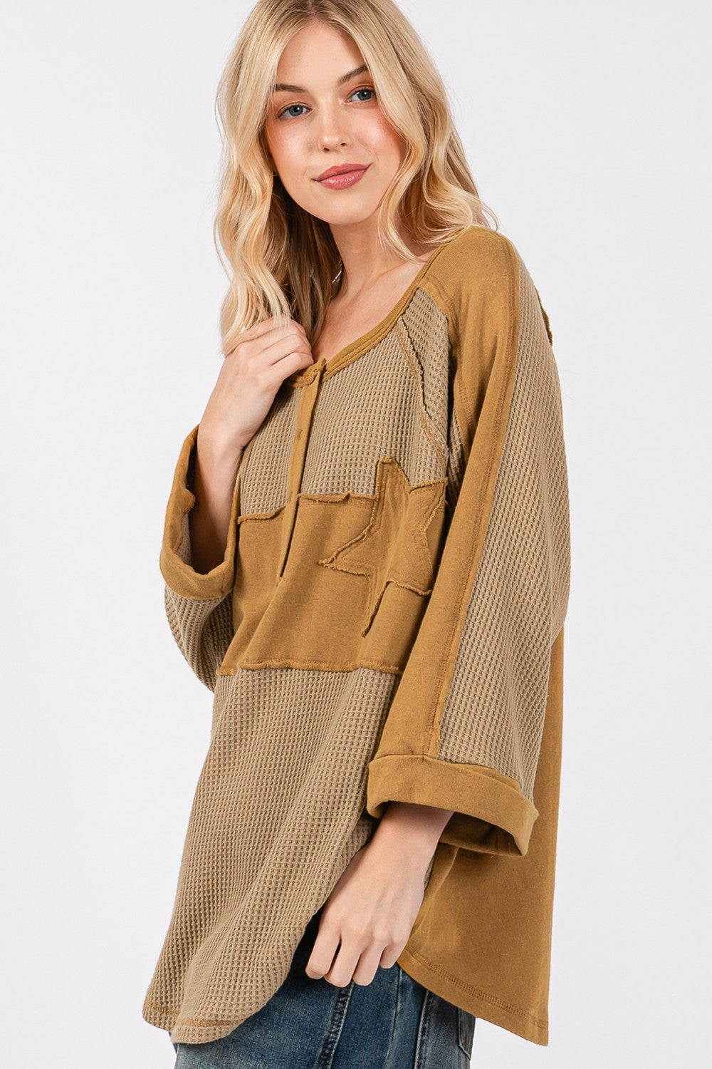 SAGE + FIG Star Applique Patch Exposed Seam Waffle Knit Top *