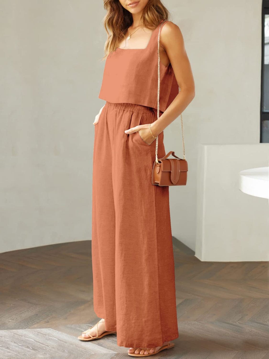 Full Size Square Neck Top and Wide Leg Pants Set