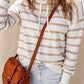 Double Take Cowl Neck Drawstring Dropped Shoulder Striped Print Blouse