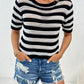 Openwork Striped Round Neck Short Sleeve Knit Top