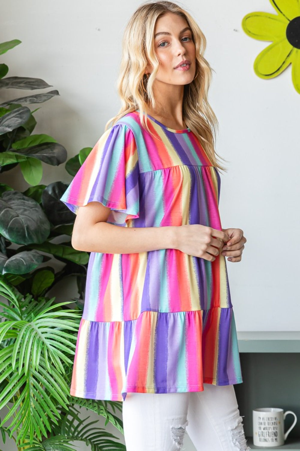 Heimish Full Size Short Sleeve Striped Tiered Top *