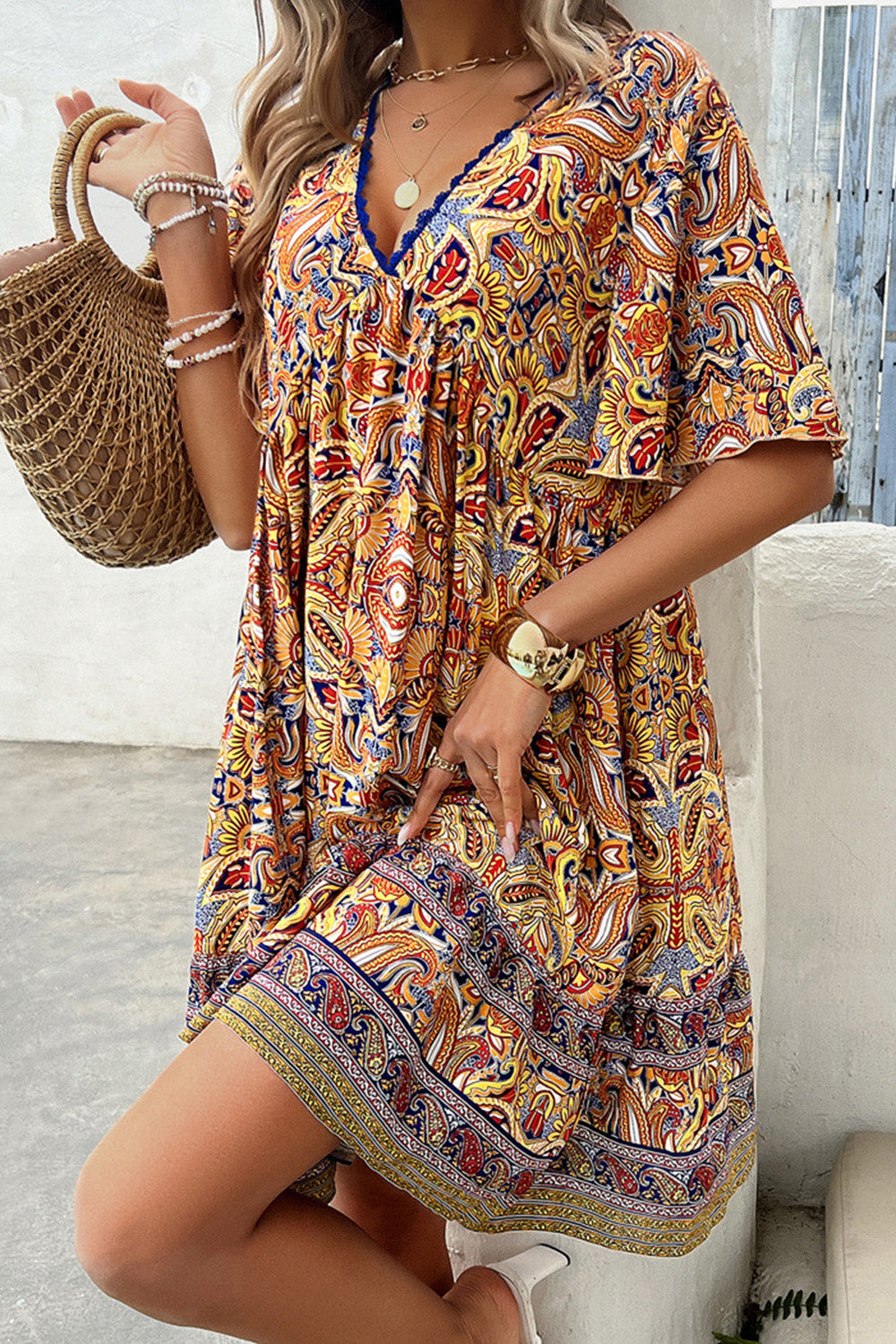 BeyondCute Printed V-Neck Half Sleeve Mini Dress