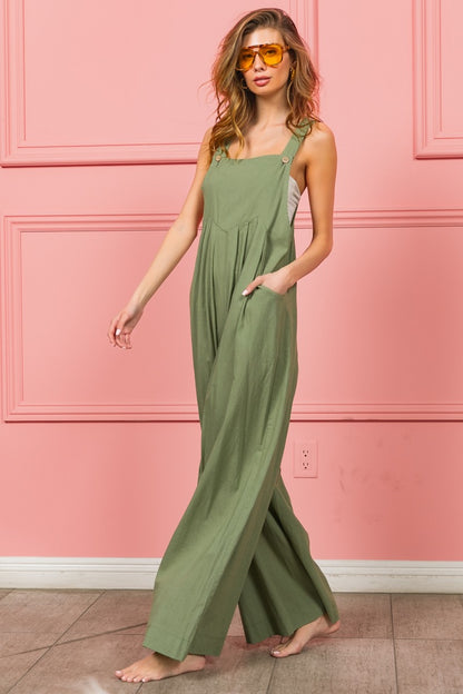 BiBi Ruched Wide Leg Overalls with Pockets - Brand BiBi