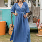 Plus Size Ruched Slit Three-Quarter Sleeve Midi Dress