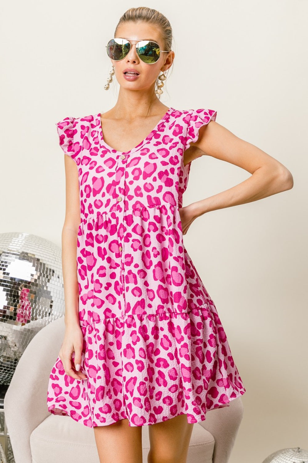 BiBi Leopard Cap Sleeve Tiered Mini Dress - Brand BiBi *