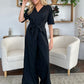 Double Take Full Size V-Neck Tie Front Short Sleeve Slit Jumpsuit