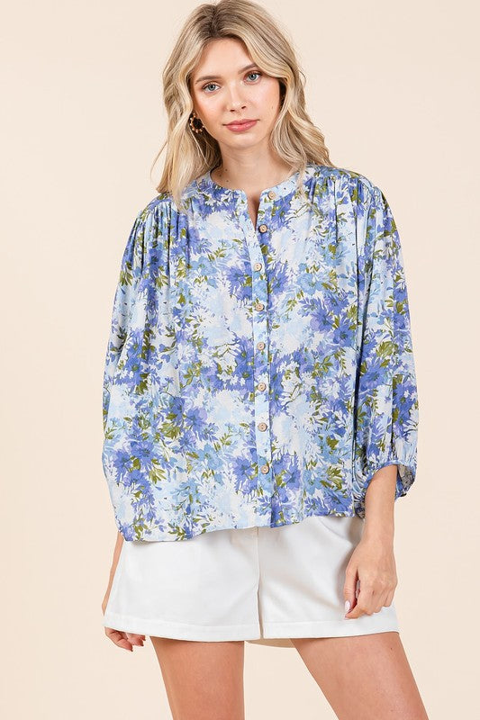 Mittoshop Flower Print Batwing Sleeve Button Down Blouse