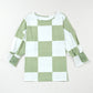 Checkered Round Neck Lantern Sleeve Top