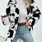 Cow Print Collared Neck Button Up Fuzzy Jacket