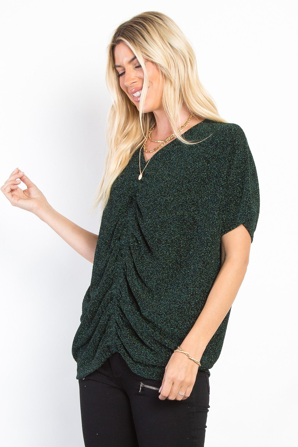 Be Stage Full Size Lurex Center Elastic Cinched Knit Top *