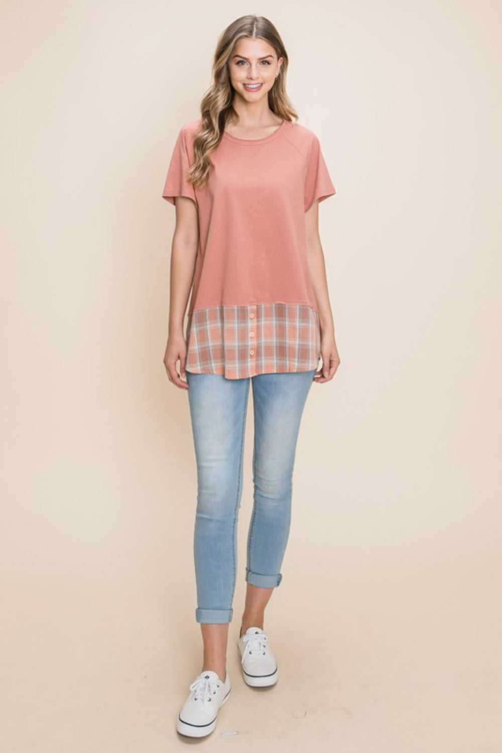 Cotton Bleu by Nu Lab Plaid Contrast Short Sleeve T-Shirt *