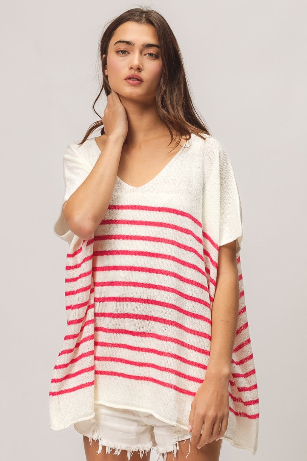 BiBi V Neck Striped Short Sleeve Top - Brand BiBi *