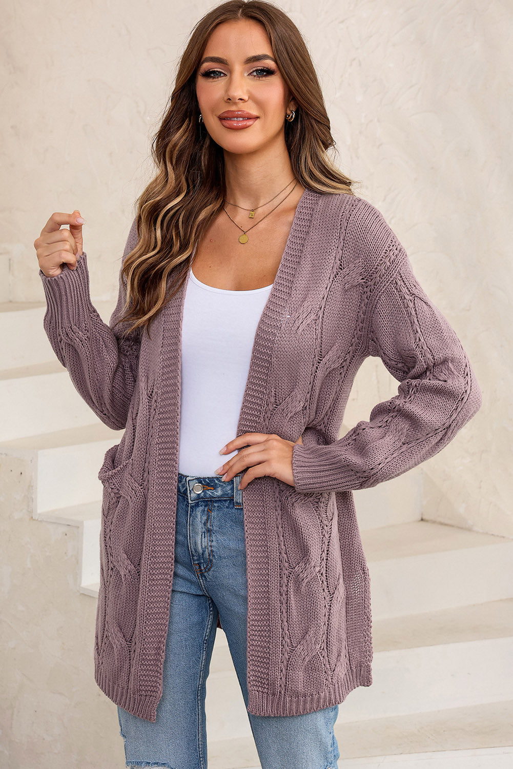 Full Size Cable-Knit Dropped Shoulder Cardigan