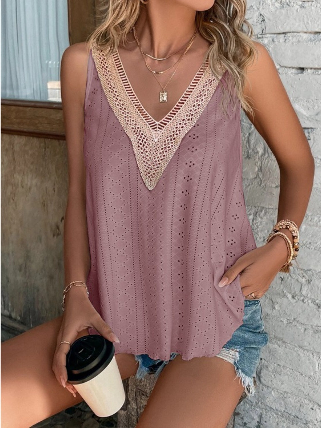 Full Size Eyelet V-Neck Wide Strap Tank