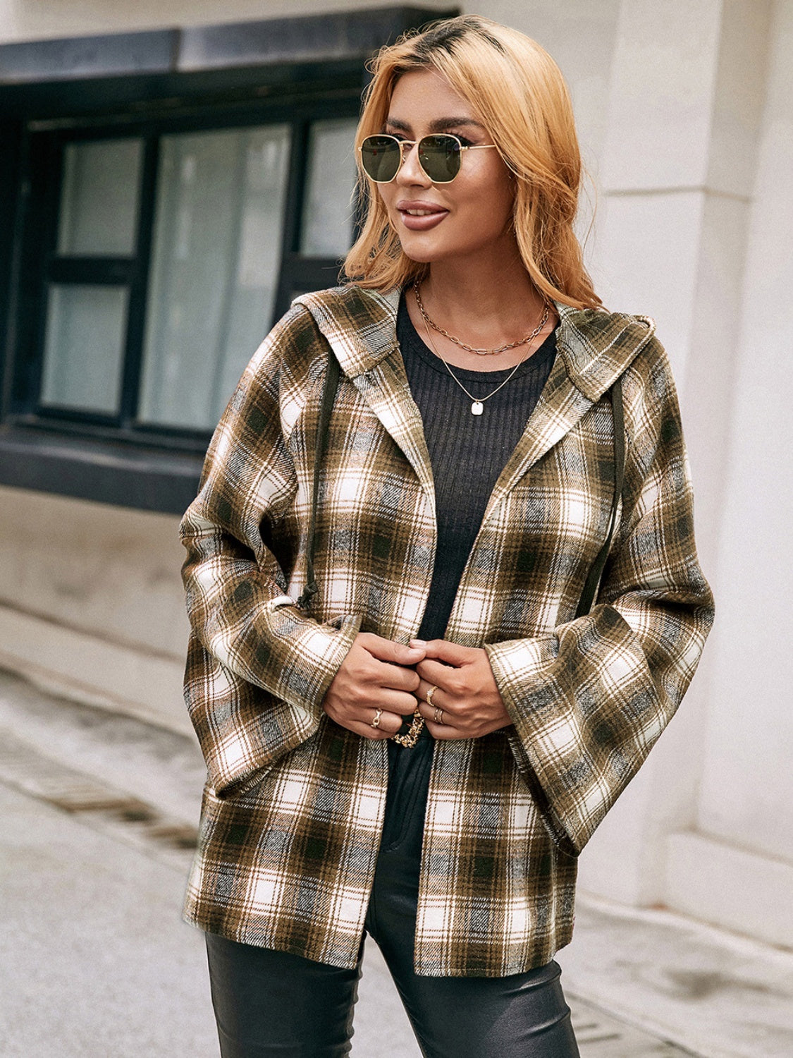 Pocketed Plaid Long Sleeve Hooded Jacket