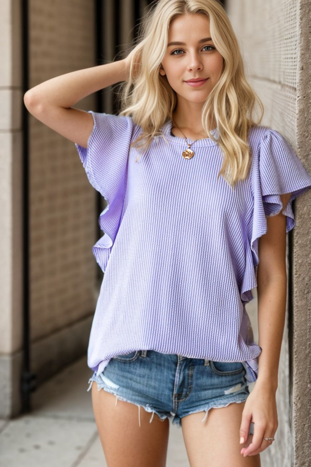 Heimish Full Size Ruffled Sleeve Ribbed Top *