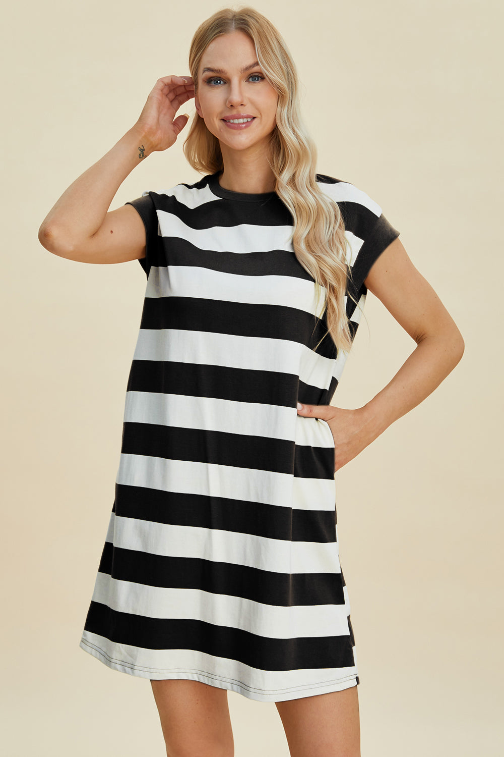 Basic Bae Full Size Striped Round Neck Cap Sleeve Mini Dress *