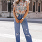 Printed Butterfly Sleeve Round Neck Blouse