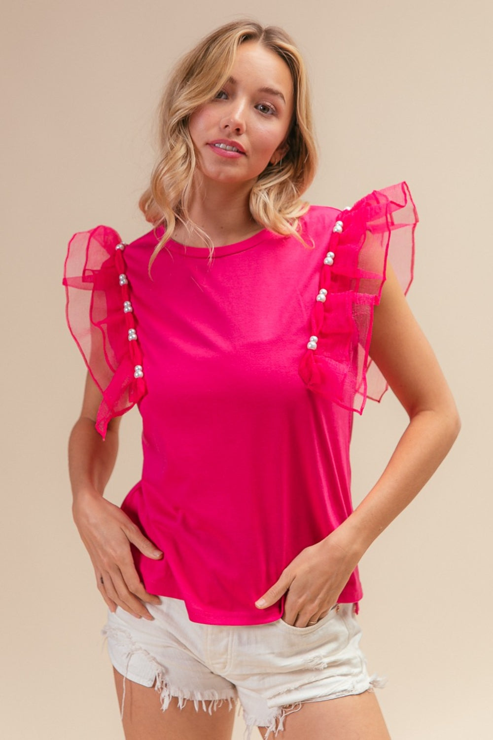 BiBi Pearl Decor Mesh Ruffle Sleeve Top - Brand BiBi