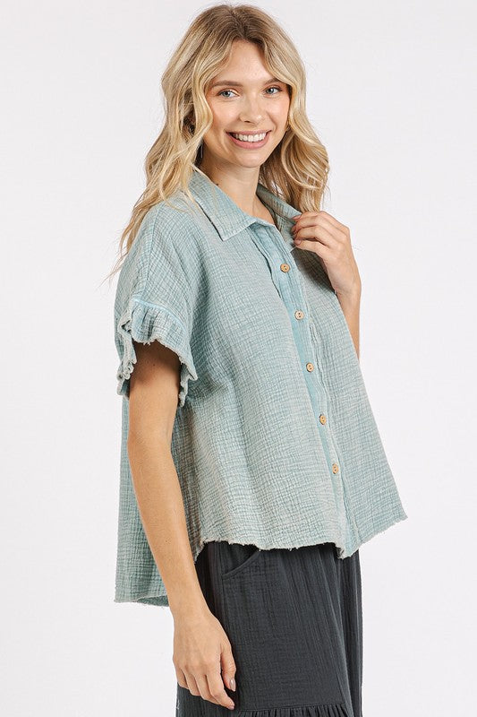 Mittoshop Mineral Washed Button Down Flounce Sleeve Shirt *