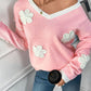 Perfee Flower V-Neck Long Sleeve Sweater