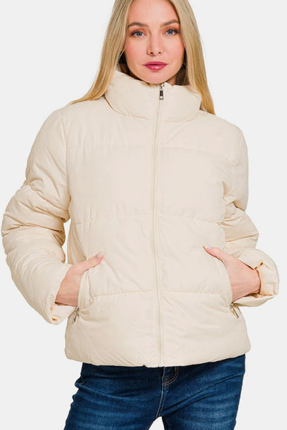 Zenana Zip Up Turtleneck Puffer Jacket with Pockets- Brand Zenana