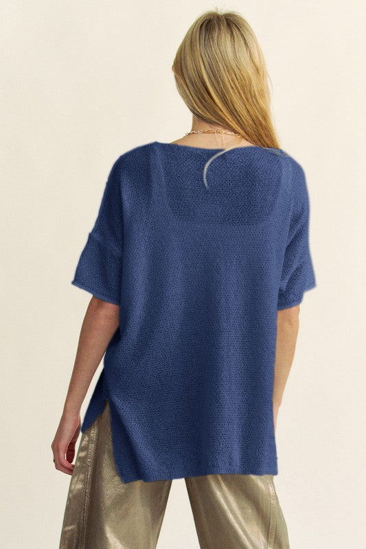 Davi & Dani High-Low Round Neck Knit Top *