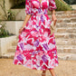 Smocked Printed V-Neck Half Sleeve Midi Dress