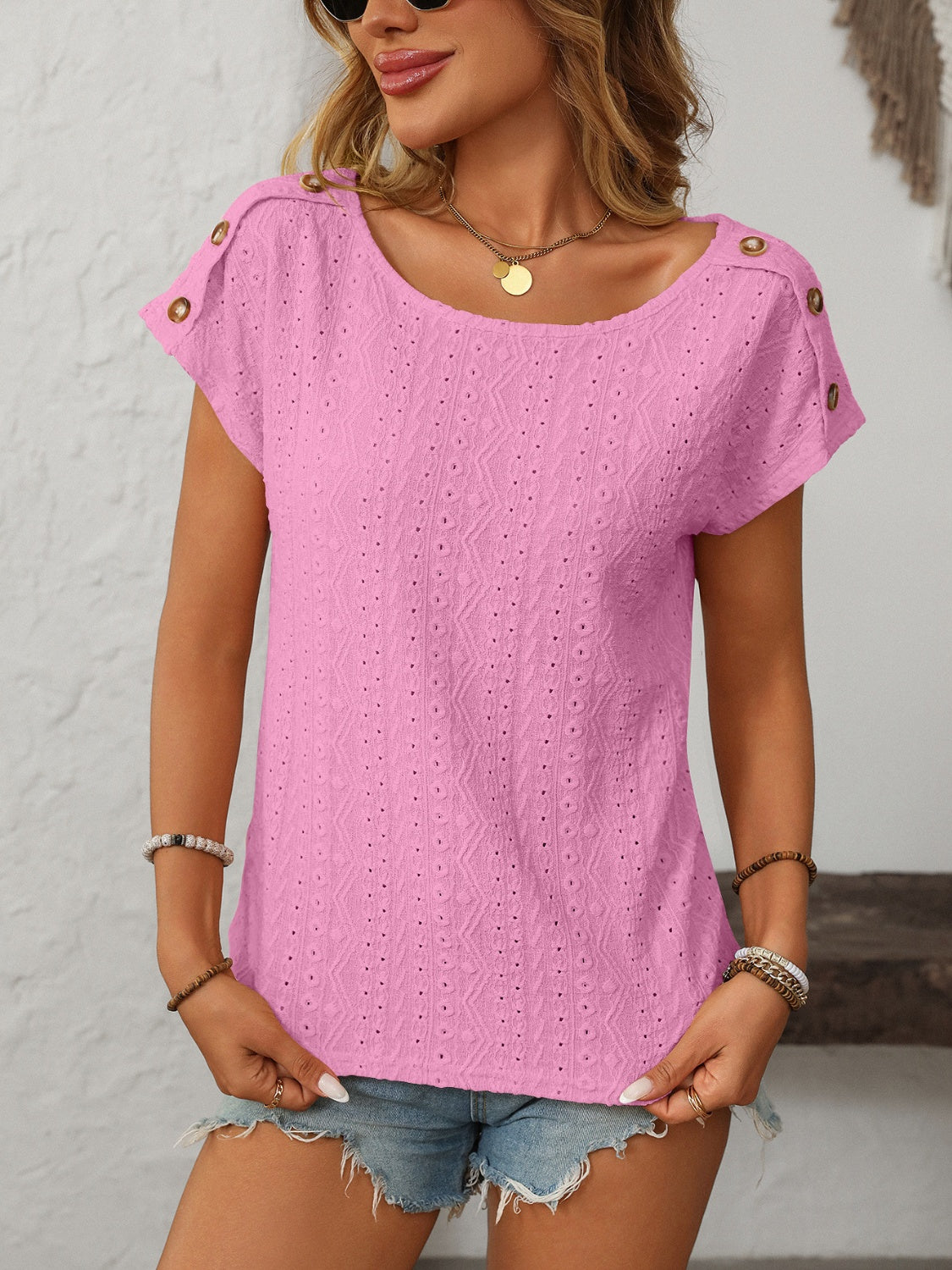 Mandy Eyelet Round Neck Short Sleeve Top