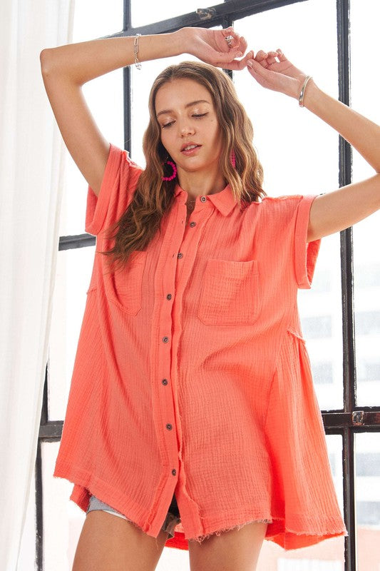 ADORA Raw Hem Collared Neck Button Down Shirt *