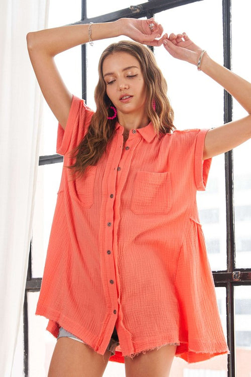 ADORA Raw Hem Collared Neck Button Down Shirt *