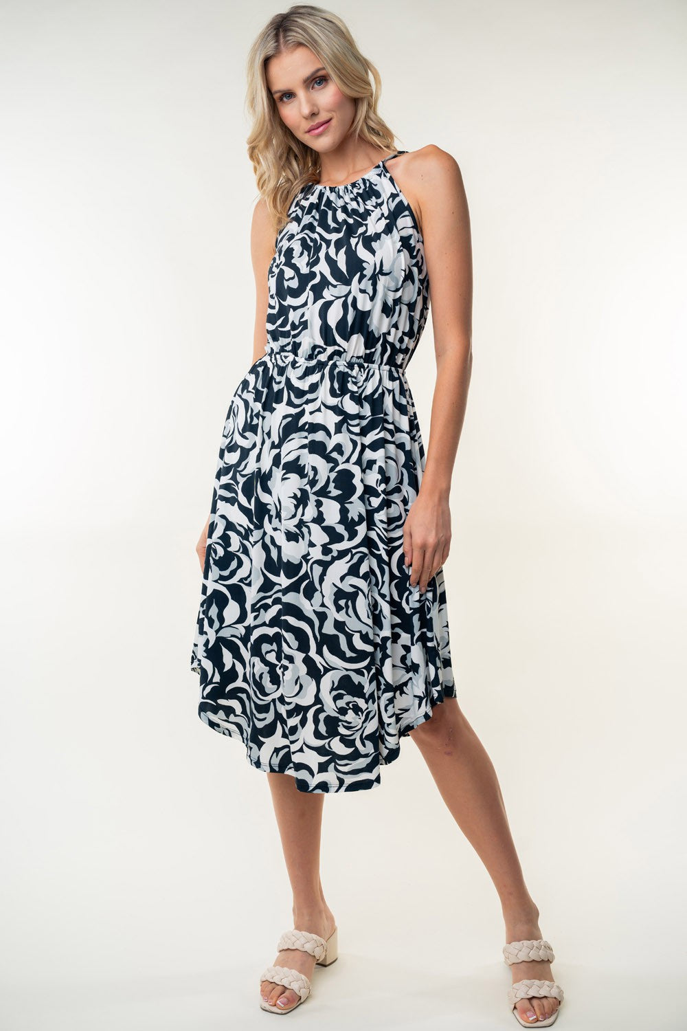 White Birch Tied Ruched Floral Sleeveless Knee Length Dress *