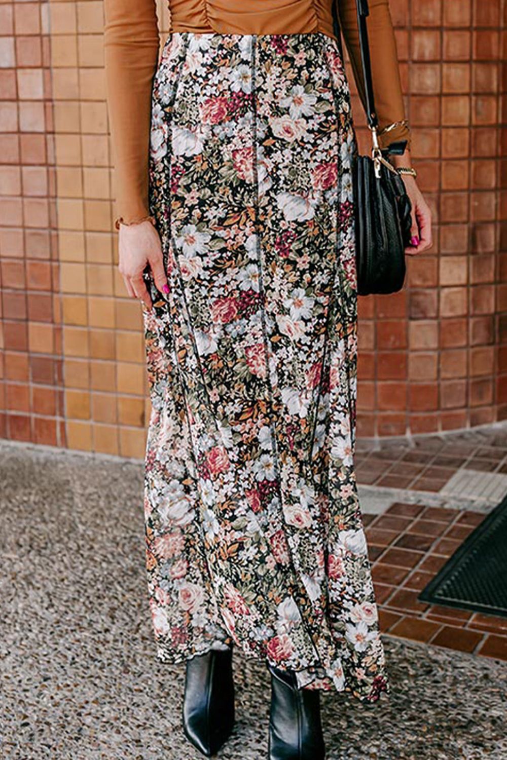 Floral Elastic Waist Maxi Skirt