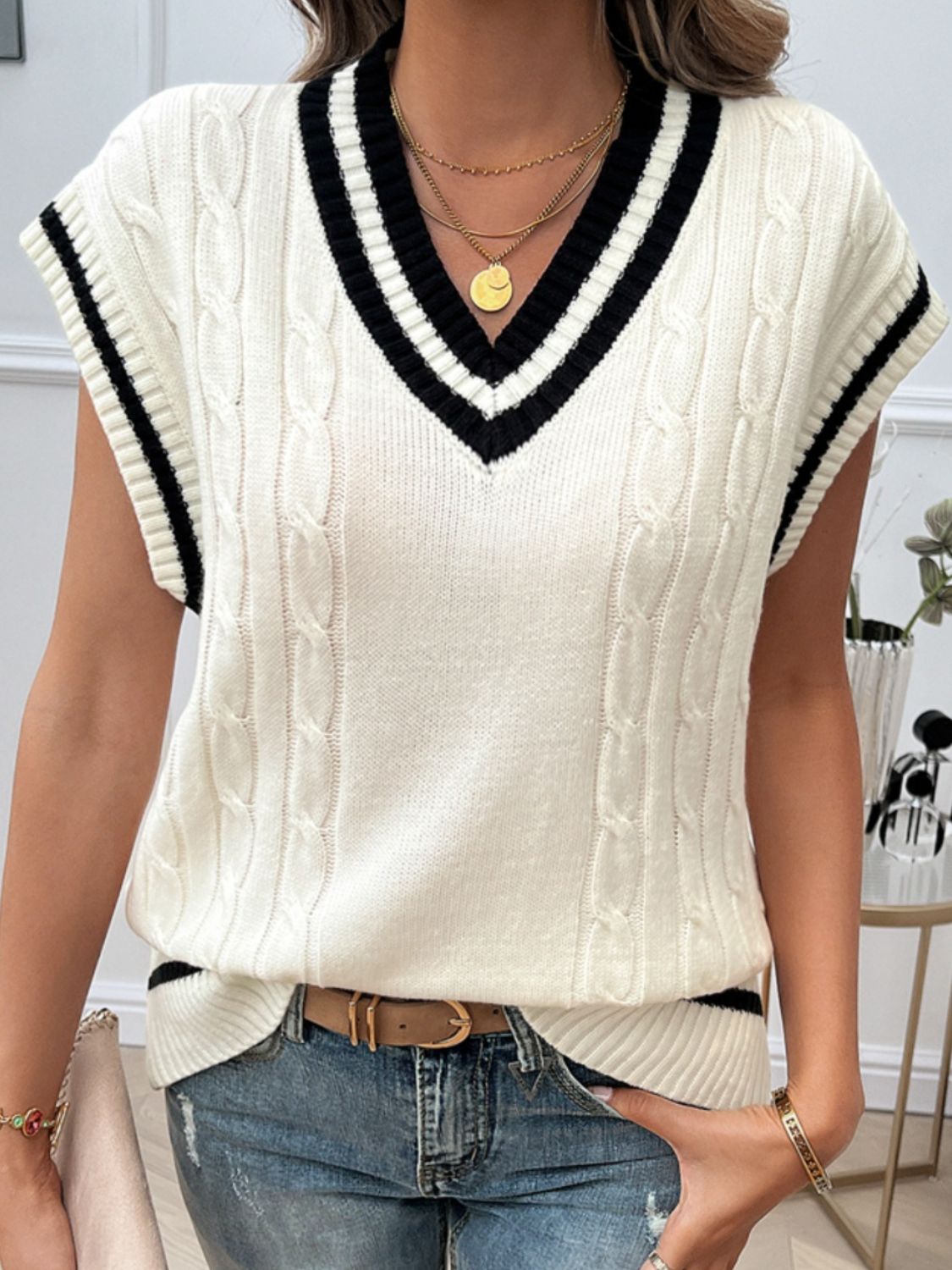 Devine Cable-Knit V-Neck Sweater Vest