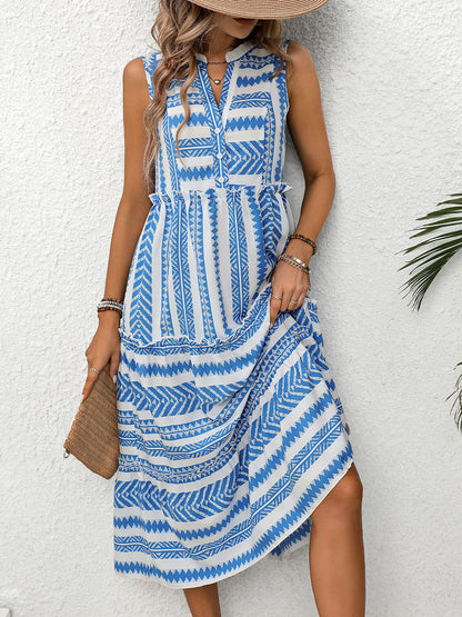 Frill Printed Notched Sleeveless Mini Dress