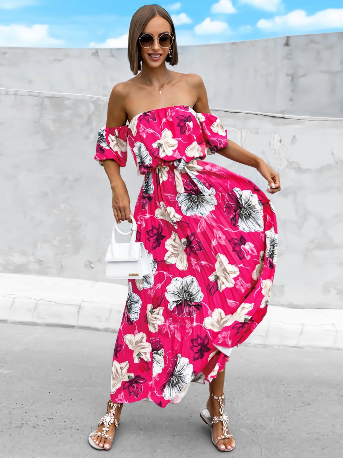 Full Size Pleated Floral Off-Shoulder Short Sleeve Midi Dress