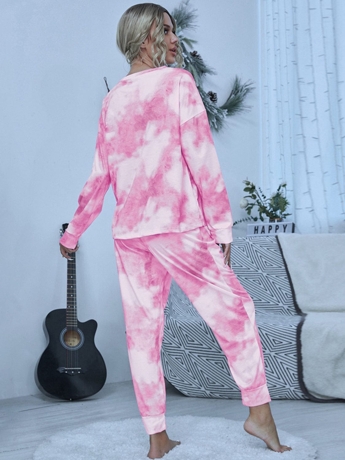 Full Size Tie-Dye Round Neck Top and Pants Lounge Set