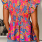 Full Size Smocked Printed V-Neck Cap Sleeve Blouse