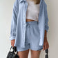Full Size Texture Button Up Shirt and Drawstring Shorts Set