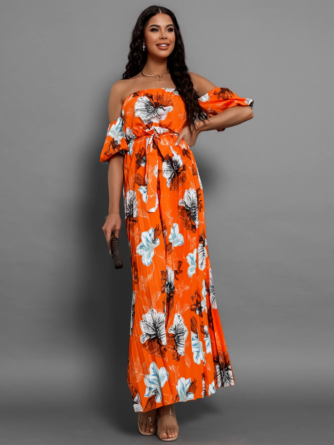 Full Size Pleated Floral Off-Shoulder Short Sleeve Midi Dress