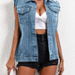 Pocketed Collared Neck Sleeveless Denim Top