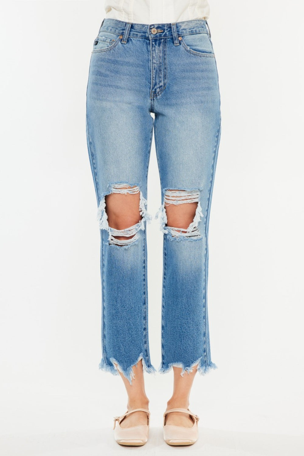 Kancan Distressed Frayed Hem Cropped Jeans *